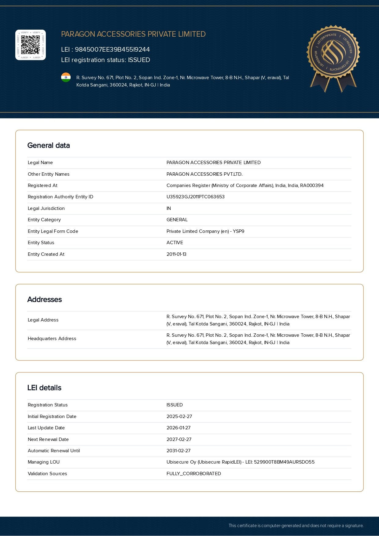 LEI Certificate